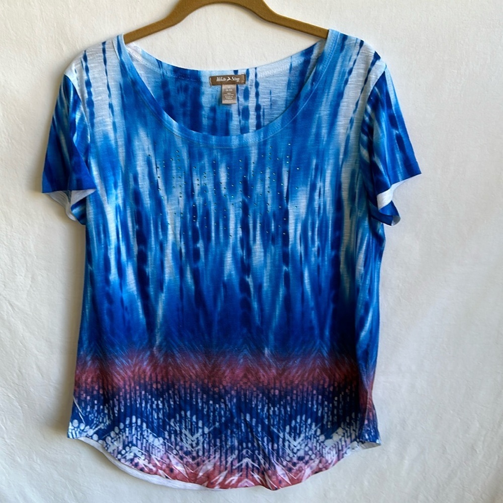 White Stag blue, white, and red bling tie-dye top, size M